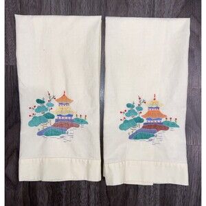 Vintage Japanese / Chinese Garden Hand Tea Towels Embroidered Set of 2 Yellow